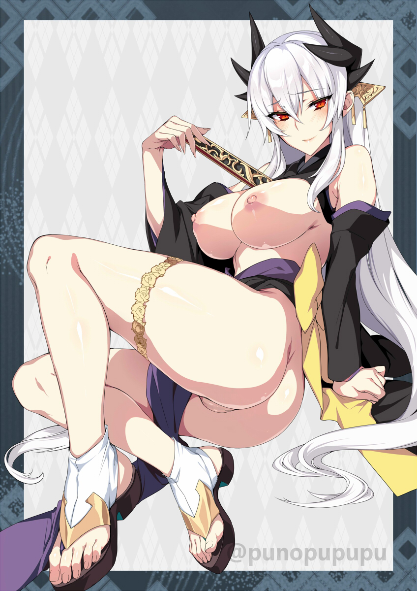 1girl ass bangs blush breasts dragon_girl dragon_horns fan fate/grand_order fate_(series) folding_fan hair_ornament highres horns japanese_clothes kiyohime_(fate) large_breasts lips long_hair looking_at_viewer multiple_horns nipples older open_clothes pussy red_eyes sandals smile solo white_hair zeroshiki_kouichi