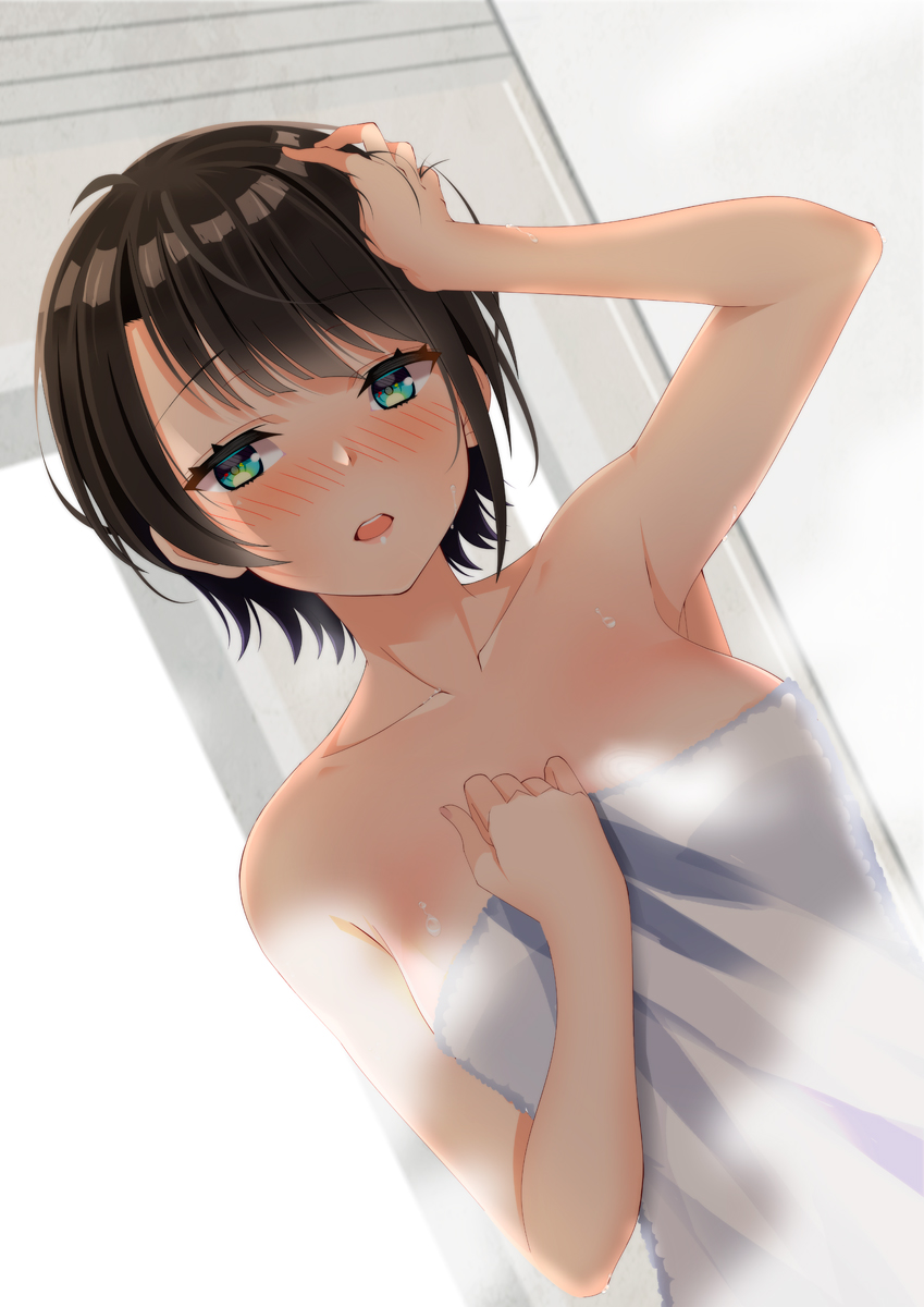 1girl ahoge aqua_eyes arm_up armpit_peek asymmetrical_bangs bangs bare_shoulders black_hair blush breasts collarbone commentary dutch_angle eyebrows_visible_through_hair eyelashes hand_on_own_head highres hololive kiko_(okuwae) lips looking_at_viewer medium_breasts naked_towel oozora_subaru open_mouth parted_bangs short_hair solo steam sweat towel upper_body virtual_youtuber