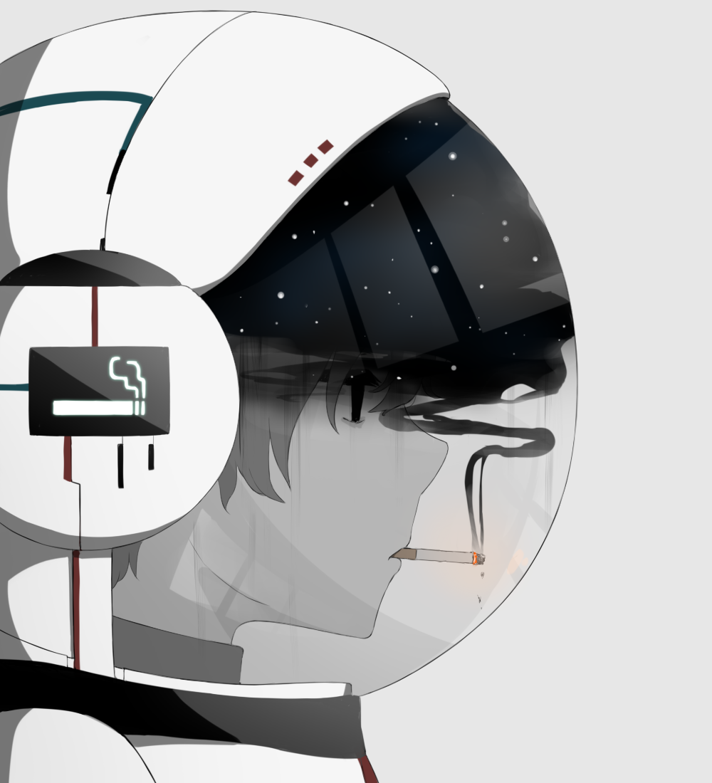 1boy astronaut avogado6 black_eyes cigarette colored_skin commentary_request from_side grey_background grey_hair grey_skin jitome male_focus original profile simple_background smog smoke smoking solo space_helmet