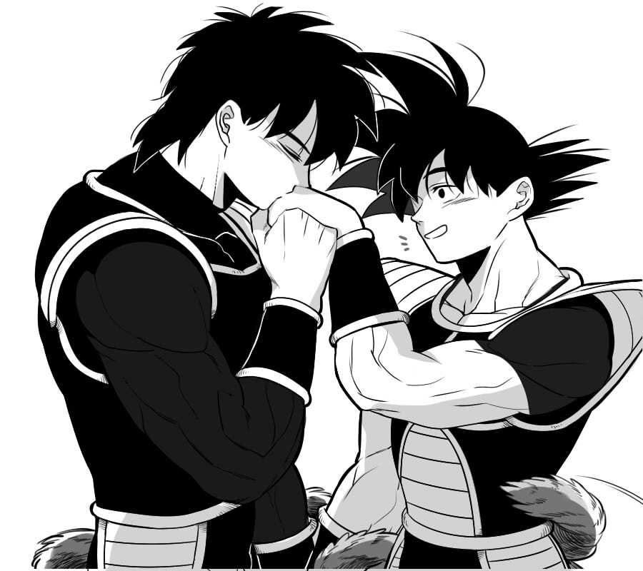 2boys black_eyes black_hair blush broly_(dragon_ball_super) dragon_ball dragon_ball_super dragon_ball_super_broly greyscale hand_kiss kiss male_focus medium_hair monkey_tail monochrome multiple_boys muscular muscular_male pectorals saiyan_armor shirt son_goku spiked_hair tail tarutobi taut_clothes taut_shirt upper_body yaoi