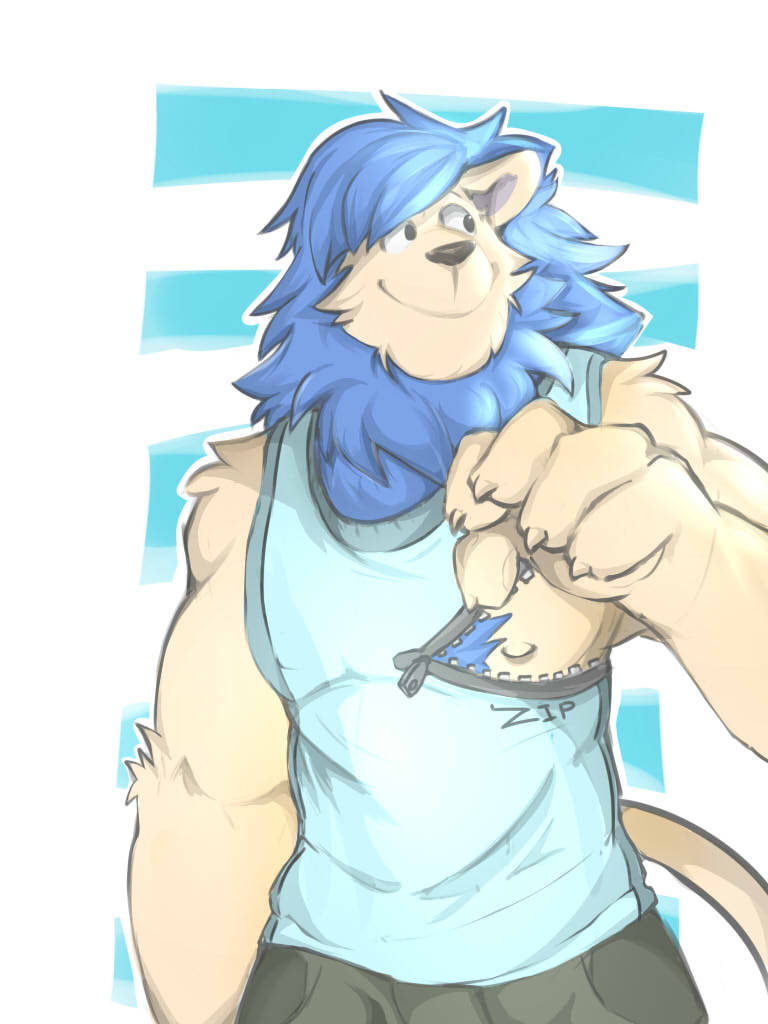 animal_humanoid anthro arm_tuft black_muzzle blue_clothing blue_hair body_hair chest_hair chest_tuft claws clothed clothing elbow_tufts eyebrows facial_tuft felid felid_humanoid feline fur fur_tuft green_clothing hair happy humanoid kororoman lion looking_aside male male_anthro mammal mammal_humanoid manly meme meme_clothing muscular muscular_anthro muscular_humanoid muscular_male nipple_outline nipple_slip nipple_zipper nipples pantherine shirt simple_background snout solo tank_top toe_claws top_tank_meme topwear triceps tuft zipper