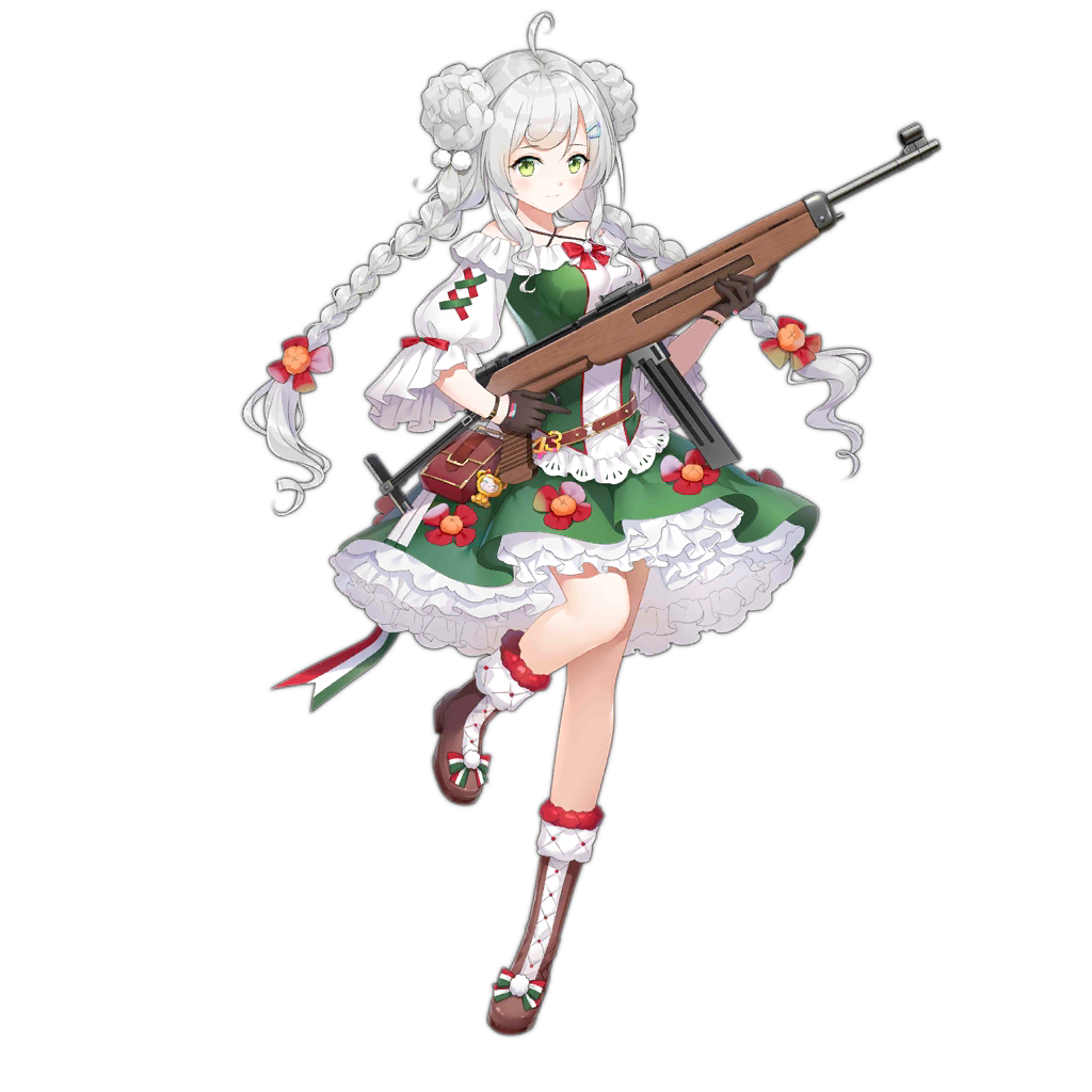 1girl 43m_(girls_frontline) boots bow braid breasts brown_gloves danuvia_43m dress floral_print flower girls_frontline gloves green_eyes gun hair_flower hair_ornament hungarian_clothes hungarian_flag looking_at_viewer medium_breasts official_art red_bow submachine_gun tamaxi twintails weapon white_hair
