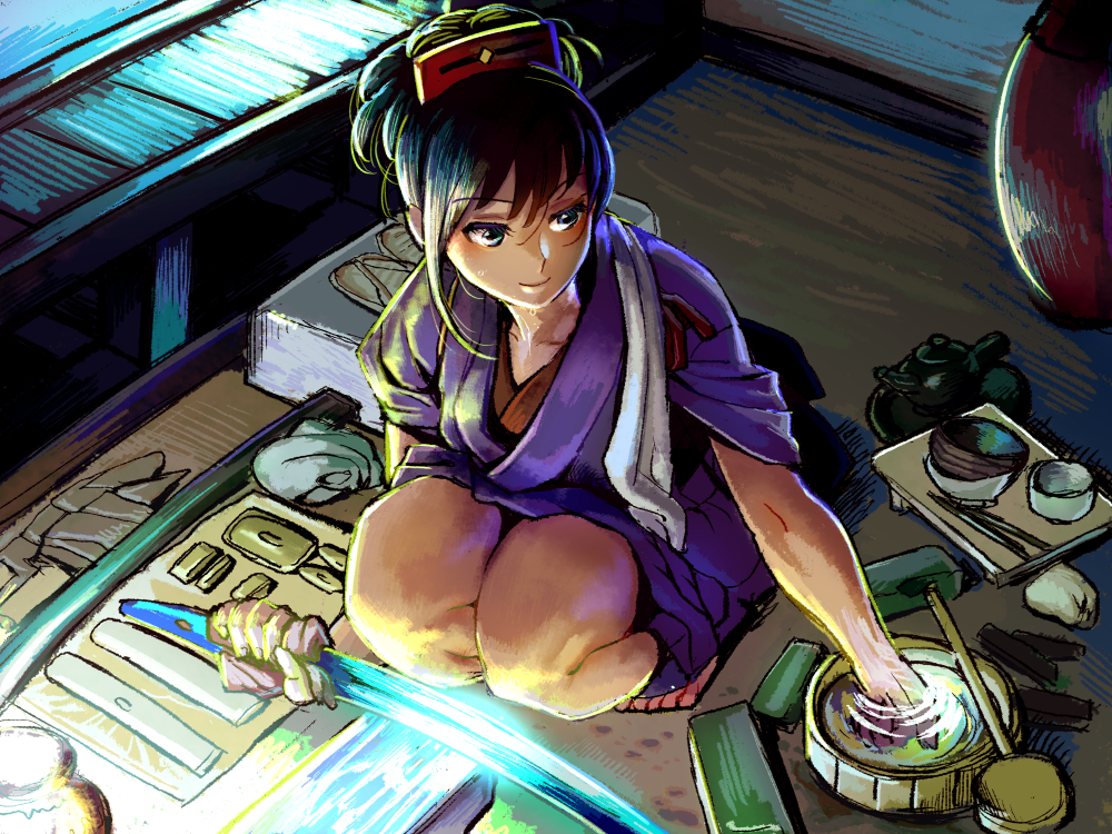 1girl bangs black_eyes black_hair blade blush breasts bucket chopsticks closed_mouth collarbone cup eyebrows_visible_through_hair gesogeso grindstone holding japanese_clothes katana kimono long_hair original pot sandals sheath smile solo squatting sweat sword teacup teapot thighs towel tray water weapon