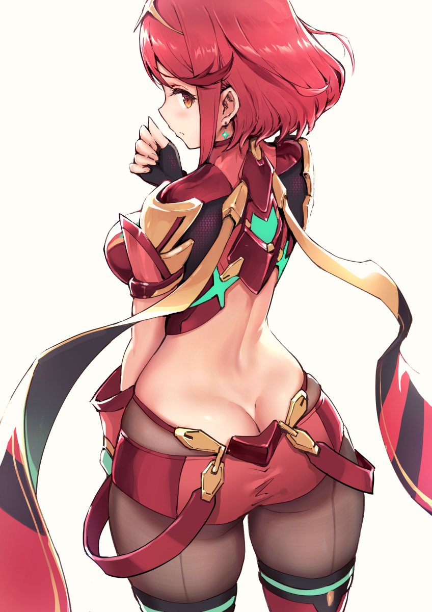 1girl armor ass back bangs black_gloves blush breasts butt_crack earrings fingerless_gloves gloves haoni headpiece highres jewelry large_breasts looking_at_viewer looking_back pantyhose pyra_(xenoblade) red_eyes red_hair red_shorts short_hair shorts shoulder_armor simple_background solo swept_bangs thighhighs tiara white_background xenoblade_chronicles_(series) xenoblade_chronicles_2