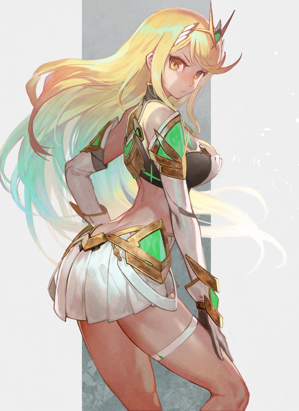 1girl ass bangs bare_legs bare_shoulders blonde_hair breasts chest_jewel cleavage_cutout clothing_cutout dress earrings elbow_gloves gem gloves headpiece highres jewelry lack large_breasts long_hair looking_at_viewer mythra_(xenoblade) short_dress solo super_smash_bros. swept_bangs thigh_strap tiara very_long_hair white_dress white_footwear white_gloves xenoblade_chronicles_(series) xenoblade_chronicles_2 yellow_eyes