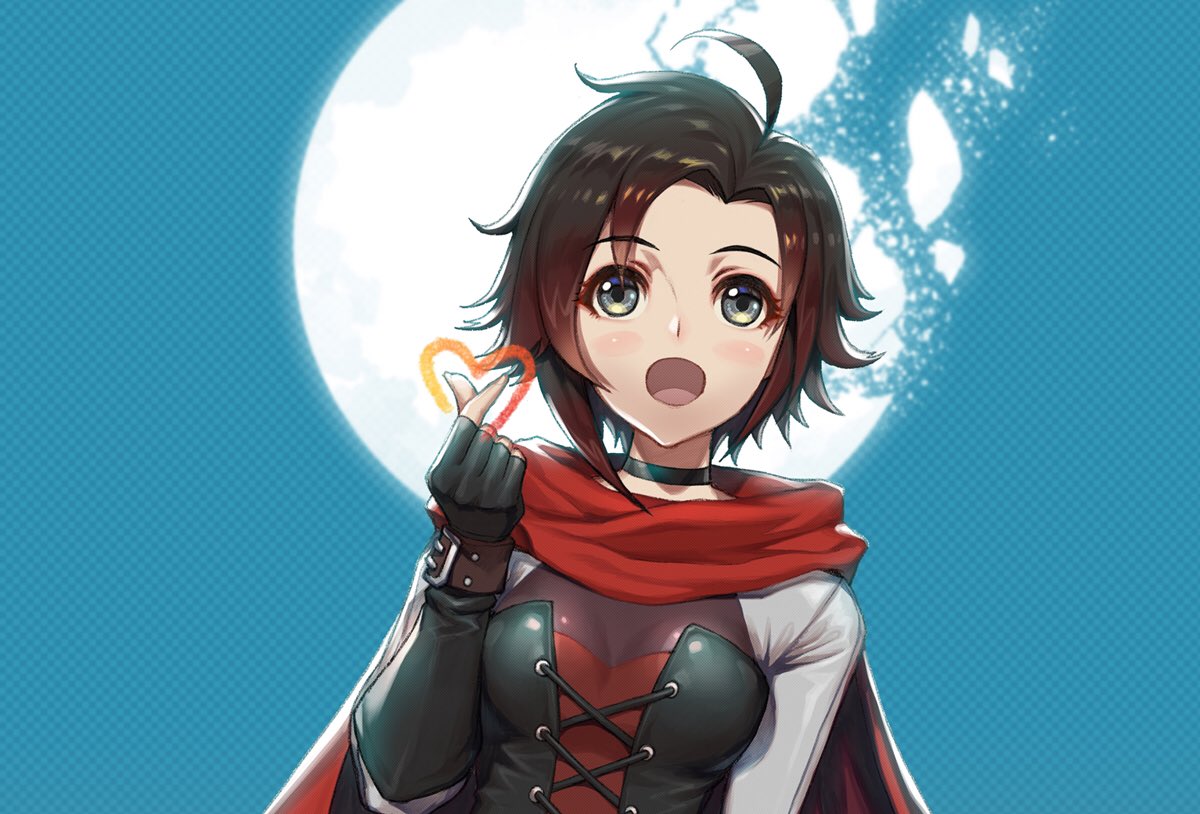 1girl :o ahoge black_gloves breasts brown_hair cape elbow_gloves fingerless_gloves gloves gradient_hair grey_eyes heart medium_breasts multicolored_hair open_mouth red_cape red_hair ruby_rose rwby shiny shiny_hair short_hair solo upper_body uyalago