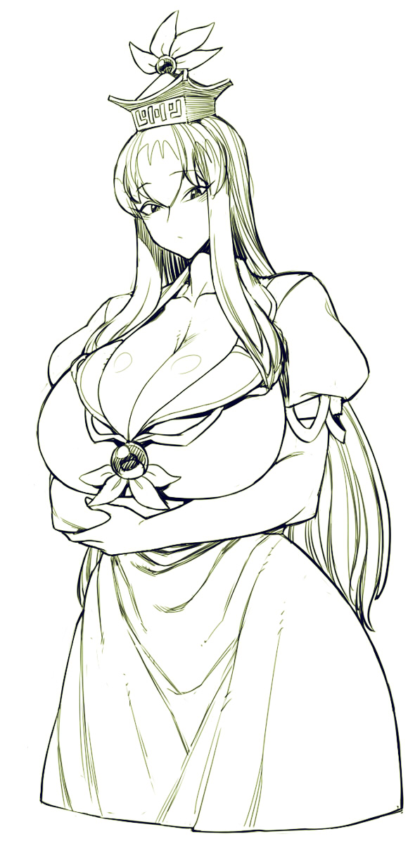 1girl bangs breasts cleavage collarbone collared_dress crossed_arms curvy dress eyebrows_visible_through_hair eyelashes hat highres huge_breasts kamishirasawa_keine long_dress long_hair looking_at_viewer neckerchief puffy_short_sleeves puffy_sleeves short_sleeves sidelocks sketch space_jin tokin_hat touhou white_background
