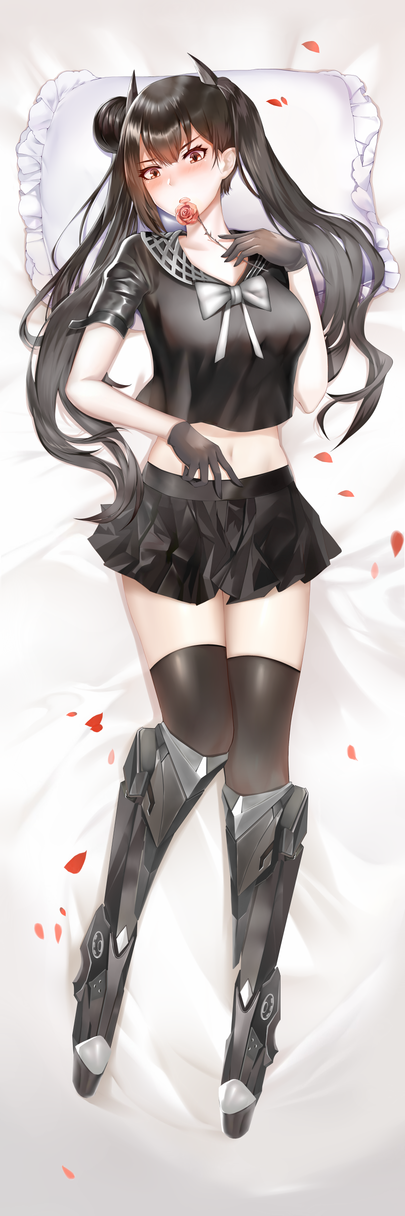 1girl absurdres black_gloves black_hair black_legwear black_serafuku black_shirt black_skirt full_body girls_frontline gloves highres long_hair lying midriff miniskirt navel on_back ouroboros_(girls_frontline) pleated_skirt red_eyes sangvis_ferri school_uniform serafuku shirt short_sleeves skirt solo the_phoenix thighhighs twintails