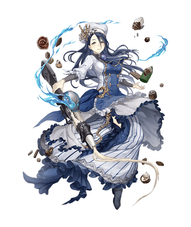 1girl apron blue_hair breasts chef_hat chef_uniform chocolate frills full_body gold_trim gun hair_over_one_eye hat ji_no kaguya_hime_(sinoalice) large_breasts long_hair looking_at_viewer official_art rifle sinoalice skull smile solo transparent_background weapon whipped_cream