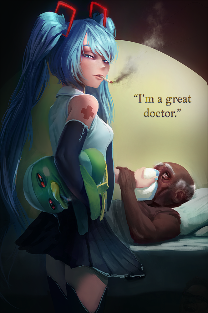 1girl 2boys amoralcrow animal_crossing aqua_eyes aqua_hair bed black_legwear black_sleeves bloodshot_eyes chloroform cigarette covering_mouth crossover dark_skin dark_skinned_male detached_sleeves english_text hand_over_another's_mouth hatsune_miku long_hair miniskirt multiple_boys old old_man pillow pleated_skirt scoot_(animal_crossing) shirt skirt sleeveless sleeveless_shirt smoke smoking spring_onion tattoo thighhighs twintails very_long_hair vocaloid zettai_ryouiki