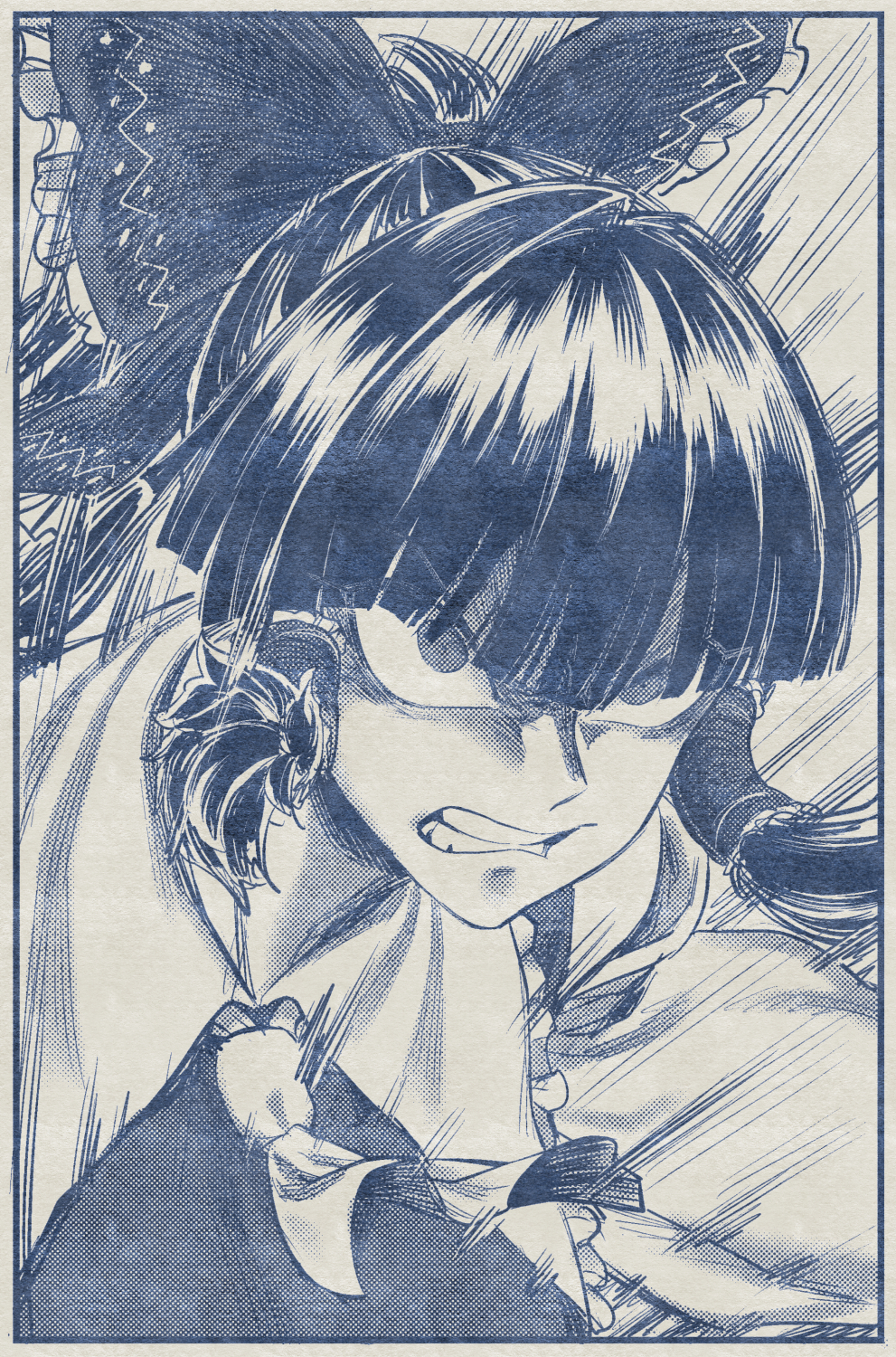 1girl ascot bangs bow clenched_teeth detached_sleeves frilled_bow frills greyscale hair_bow hair_tubes hakurei_reimu hatching_(texture) highres monochrome portrait sidelocks solo space_jin speed_lines teeth touhou wide_sleeves