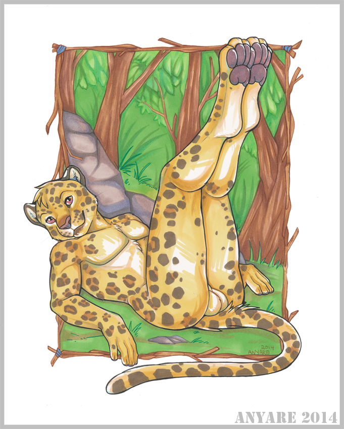 2014 anthro anyare balls black_pawpads black_spots butt felid forest genitals legs_up leopard lying male mammal nude on_back pantherine pawpads plant solo spots traditional_media_(artwork) tree white_body yellow_body