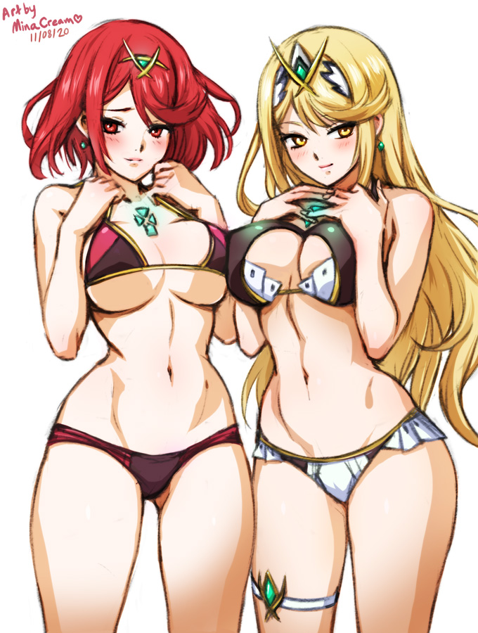 2girls bangs blonde_hair blush breasts chest_jewel cleavage earrings gem headpiece jewelry large_breasts long_hair looking_at_viewer mina_cream multiple_girls mythra_(xenoblade) navel pyra_(xenoblade) red_hair short_hair smile super_smash_bros. swept_bangs tiara very_long_hair xenoblade_chronicles_(series) xenoblade_chronicles_2 yellow_eyes