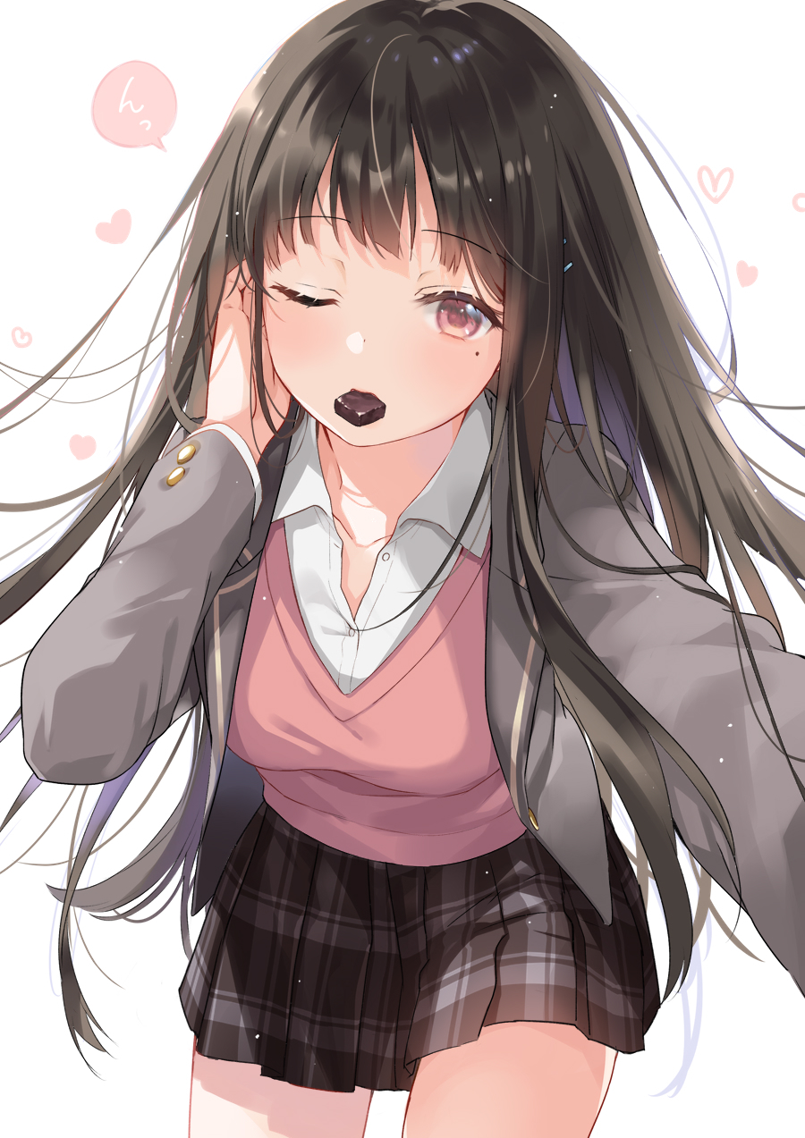 1girl bangs black_hair black_skirt blazer blush breasts brown_eyes chocolate collared_shirt commentary_request dress_shirt eyebrows_visible_through_hair food_in_mouth grey_jacket hand_in_hair hand_up heart highres jacket kurasawa_moko leaning_forward long_hair long_sleeves looking_at_viewer medium_breasts mole mole_under_eye mouth_hold open_blazer open_clothes open_jacket original pleated_skirt school_uniform shirt skirt solo standing sweater_vest valentine very_long_hair white_background white_shirt