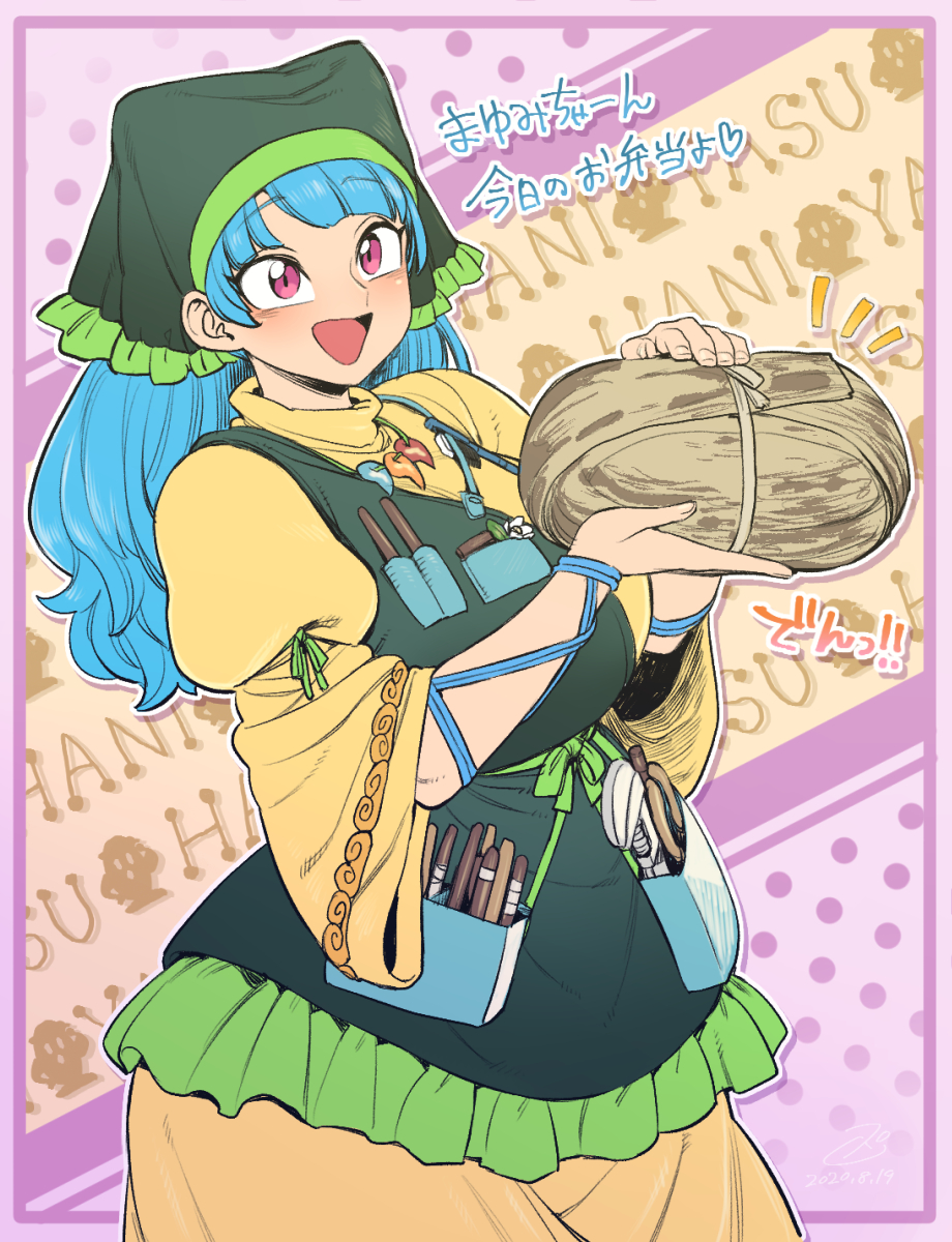 1girl :d apron bangs blue_hair breasts green_apron haniwa_(statue) haniyasushin_keiki head_scarf highres large_breasts magatama magatama_necklace open_mouth pink_eyes pliers polka_dot polka_dot_background smile solo space_jin tools touhou translation_request wide_sleeves wrench