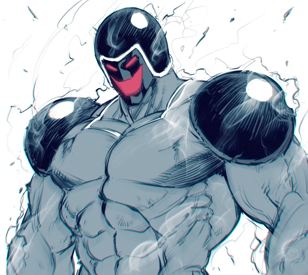 1boy abs chromatic_aberration evil_smile greyscale helmet kinnikuman male_focus monochrome muscular muscular_male smile solo space_jin spot_color upper_body warsman white_background