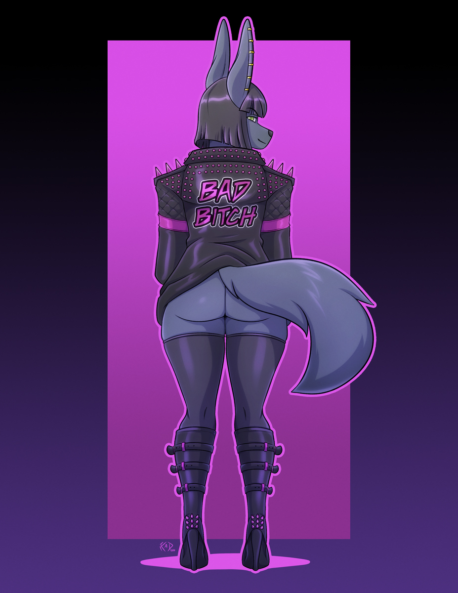 2021 anthro black_hair boots butt canid canine canis clothing conditional_dnp digital_media_(artwork) ear_piercing english_text female footwear hair hi_res high_heels jackal jacket kadath legwear looking_back mammal nightshade_(kadath) piercing shoes solo text text_on_clothing text_on_jacket text_on_topwear topwear