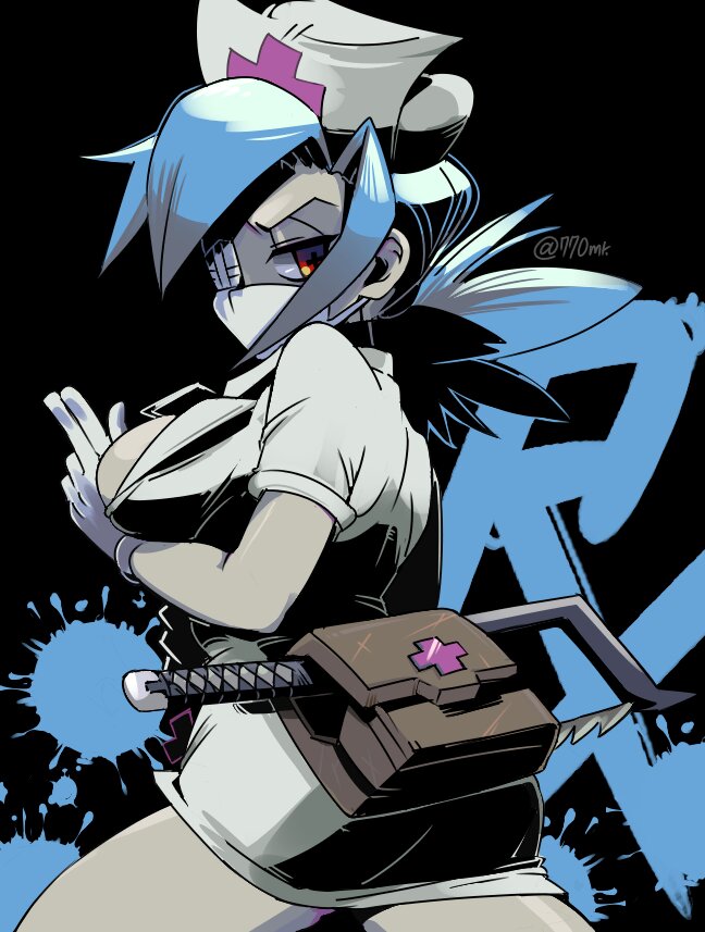 +_+ 1girl 770mk blood blood_splatter blue_hair breasts cleavage eyepatch from_side hacksaw hat large_breasts looking_at_viewer mask medicine_box mouth_mask nurse nurse_cap one-eyed ponytail red_eyes sideboob skullgirls surgical_mask twitter_username valentine_(skullgirls) white_eyepatch white_mask