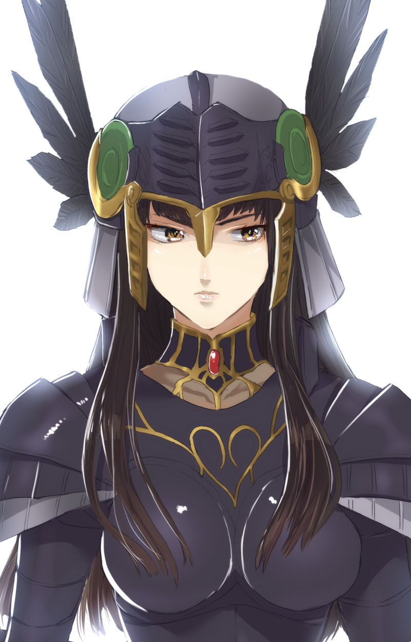 1girl armor black_armor black_hair breastplate closed_mouth feathers helmet highres hrist_valkyrie long_hair murata_tefu simple_background solo valkyrie_profile white_background