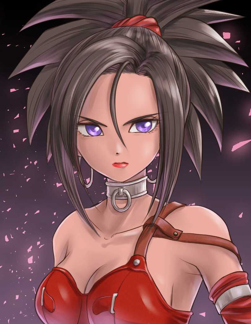 1girl asymmetrical_clothes bare_shoulders black_hair breasts chinyan cleavage collar dragon_quest dragon_quest_viii earrings elbow_gloves gloves hair_up hoop_earrings jewelry looking_at_viewer medium_breasts metal_collar purple_eyes red_(dq8) red_gloves red_lips solo spiked_hair upper_body