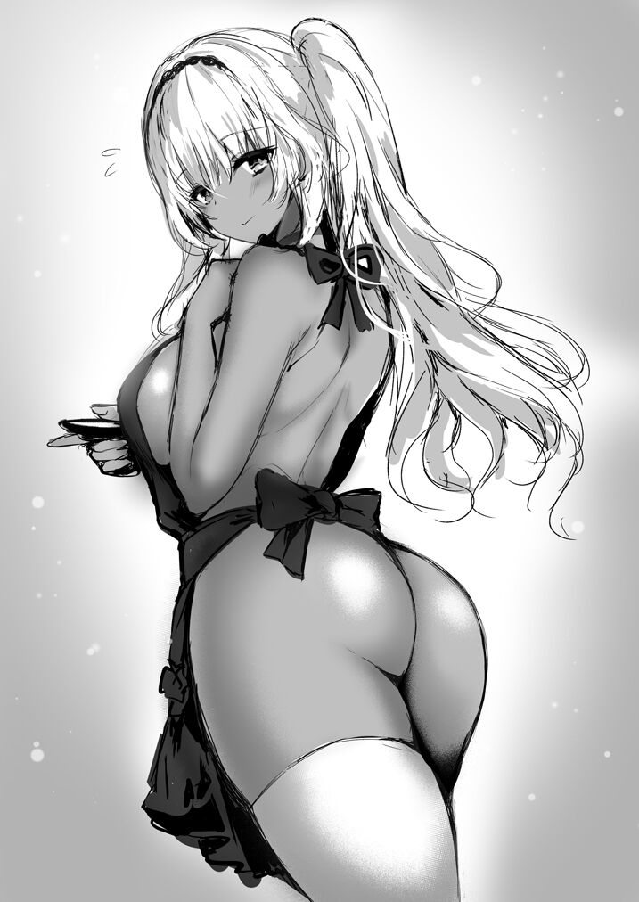 1girl apron ass back bare_shoulders breasts cowboy_shot cup dark_skin from_behind greyscale hairband holding large_breasts long_hair looking_at_viewer looking_back mafuyu monochrome naked_apron original sakazuki side_ponytail sketch smile solo standing thighhighs