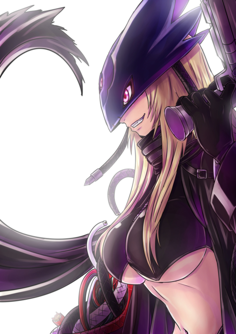 1girl backlighting beelstarmon black_gloves black_jacket blonde_hair breasts commentary cropped_jacket digimon from_side gloves grin gun hand_up holding holding_gun holding_weapon jacket konna-nani large_breasts leather leather_jacket long_hair long_sleeves looking_to_the_side mask navel pink_eyes simple_background smile solo stomach teeth third_eye underboob upper_body weapon white_background