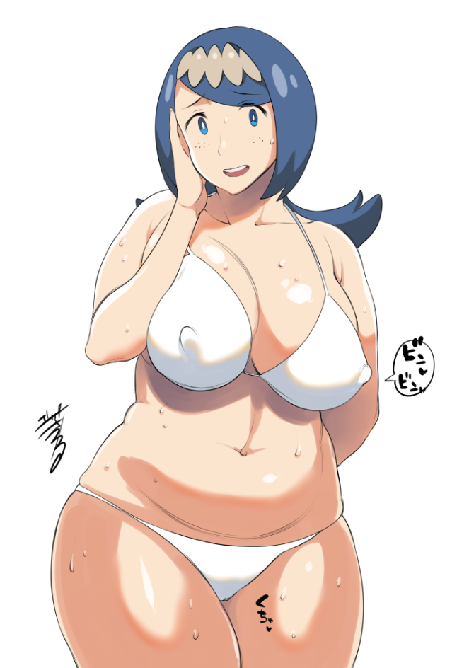 1girl arm_behind_back bikini blue_eyes blue_hair collarbone covered_nipples curvy erect_sawaru freckles hair_ornament hand_on_own_face lana's_mother_(pokemon) looking_at_viewer mature navel open_mouth pokemon pokemon_(game) pokemon_sm signature solo sweat swimsuit white_background white_bikini