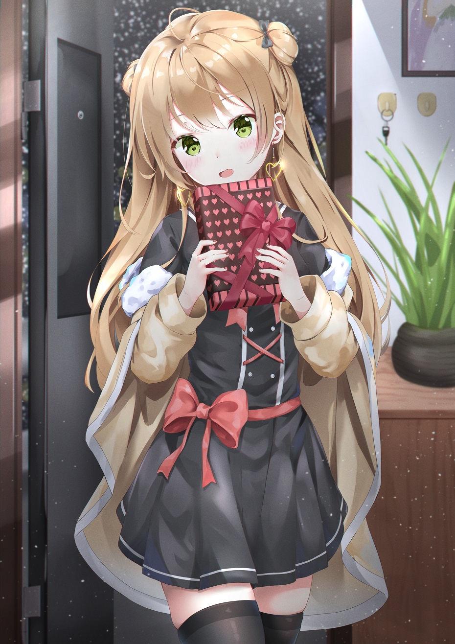 1girl :o ahoge bangs black_dress black_legwear blush bow box brown_coat brown_hair coat commentary double_bun dress earrings fur-trimmed_coat fur_trim gift gift_box girls_frontline green_eyes hair_bow heart heart_earrings highres holding holding_gift jewelry long_hair long_sleeves looking_at_viewer nail_polish open_door red_nails red_ribbon rfb_(girls_frontline) ribbon snowing solo thighhighs u.b_m1s2s valentine wide_sleeves