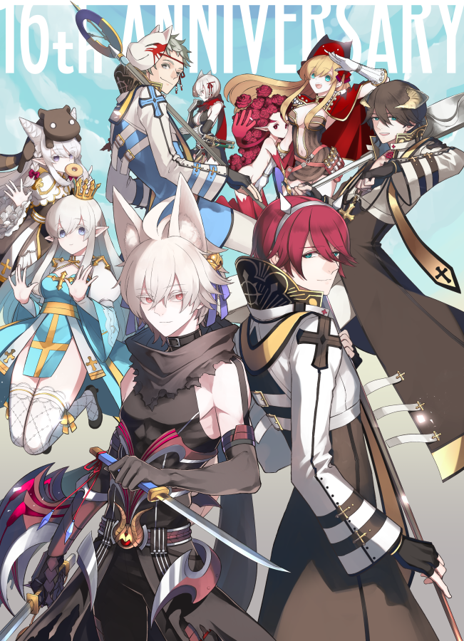 4boys 5girls ahoge animal_ears animal_on_head anniversary archbishop_(ragnarok_online) arm_blade armor assassin_cross_(ragnarok_online) back-to-back bangs bell belt_collar black_cape black_coat black_dress black_footwear black_gloves black_hair black_pants black_scarf black_shirt blonde_hair blue_coat blue_dress blue_eyes blue_ribbon brown_dress cape cleavage_cutout closed_mouth clothing_cutout coat collar commentary_request cowboy_shot creator_(ragnarok_online) crown dagger demon_horns deviruchi_hat doughnut dress dual_wielding elbow_gloves eyebrows_visible_through_hair eyes_visible_through_hair fake_horns fingerless_gloves fishnet_legwear fishnets food fox_ears fox_mask frilled_sleeves frills gauntlets gloves guillotine_cross_(ragnarok_online) hair_bell hair_between_eyes hair_cones hair_ornament hair_ribbon hairband hat high_heels holding holding_dagger holding_staff holding_weapon horns jingle_bell juliet_sleeves kusabi_(aighe) lif_(ragnarok_online) living_clothes long_hair long_sleeves looking_at_another looking_at_viewer looking_back looking_to_the_side mask monster_girl multiple_boys multiple_girls on_head open_clothes open_coat open_mouth open_shirt pants pauldrons plant_girl pointy_ears potion pouch puffy_sleeves ragnarok_online red_armor red_cape red_eyes red_scarf revealing_clothes ribbon salute scarf shirt short_dress short_hair shoulder_armor sidelocks sleeveless sleeveless_shirt smile staff strapless strapless_dress teeth thighhighs tight_shirt torn_scarf two-tone_coat two-tone_dress vial waist_cape weapon white_coat white_dress white_hair white_legwear white_pants