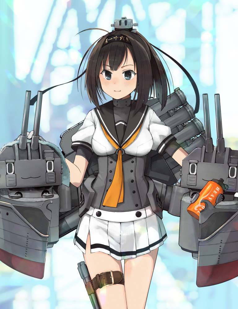 1girl akizuki_(kancolle) annin_musou black_hair black_headband black_sailor_collar blush chou-10cm-hou-chan closed_mouth clothes_writing commentary_request cowboy_shot hachimaki headband kantai_collection long_hair machinery neckerchief orange_neckwear pleated_skirt ponytail purple_eyes rigging sailor_collar school_uniform serafuku short_sleeves skirt solo white_skirt