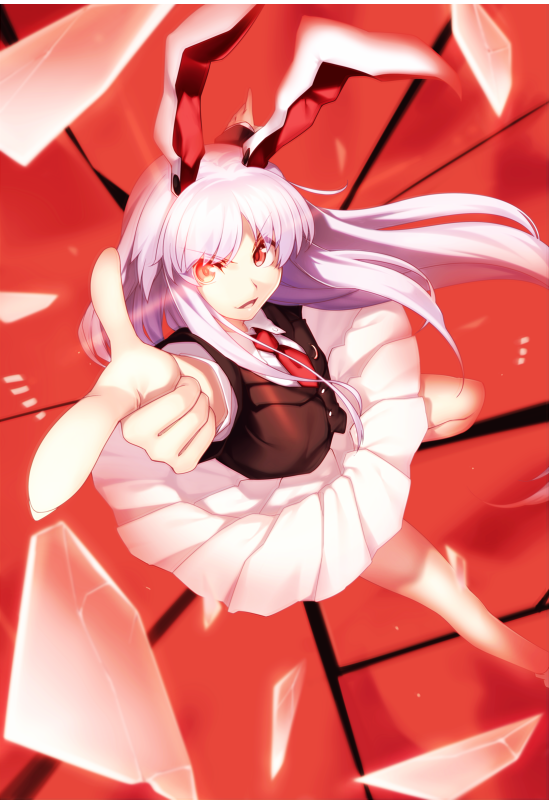 1girl animal_ears bangs blazer blouse bunny_ears buttons collared_blouse commentary crescent crescent_pin finger_gun glowing glowing_eye jacket kaiza_(rider000) legs light_purple_hair long_hair long_sleeves medium_skirt necktie outstretched_arm pleated_skirt purple_hair red_eyes red_neckwear reisen_udongein_inaba skirt solo thighs touhou white_blouse