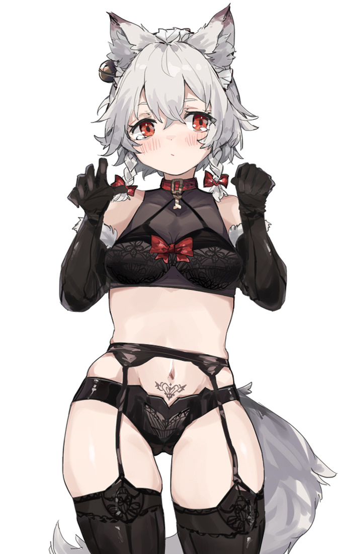 1girl animal_ear_fluff animal_ears bangs banned_artist bell black_gloves black_legwear black_panties blush bow braid breasts closed_mouth collar commentary_request cowboy_shot elbow_gloves fur-trimmed_gloves fur_trim garter_belt gloves hair_bell hair_bow hair_ornament hand_up izayoi_sakuya jingle_bell kemonomimi_mode maid_headdress navel panties paw_gloves paws red_bow red_eyes short_hair small_breasts solo stomach tail thighhighs touhou twin_braids underwear underwear_only zairen