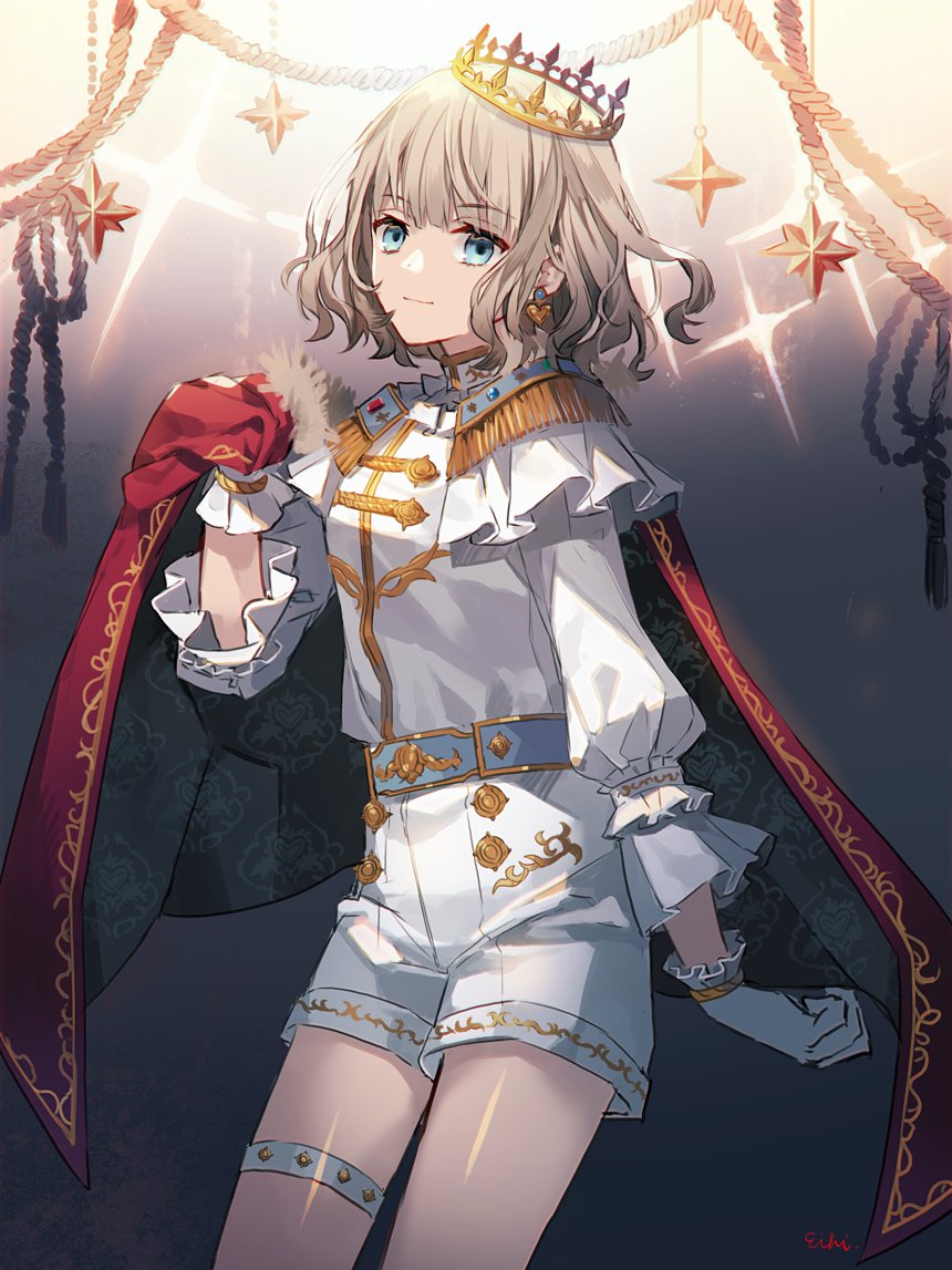 1girl blue_eyes cape cape_hold commentary_request cowboy_shot crown earrings eihi epaulettes fringe_trim gloves grey_hair heart heart_earrings idolmaster idolmaster_shiny_colors jewelry long_sleeves looking_at_viewer serizawa_asahi short_hair shorts solo standing thigh_strap white_gloves
