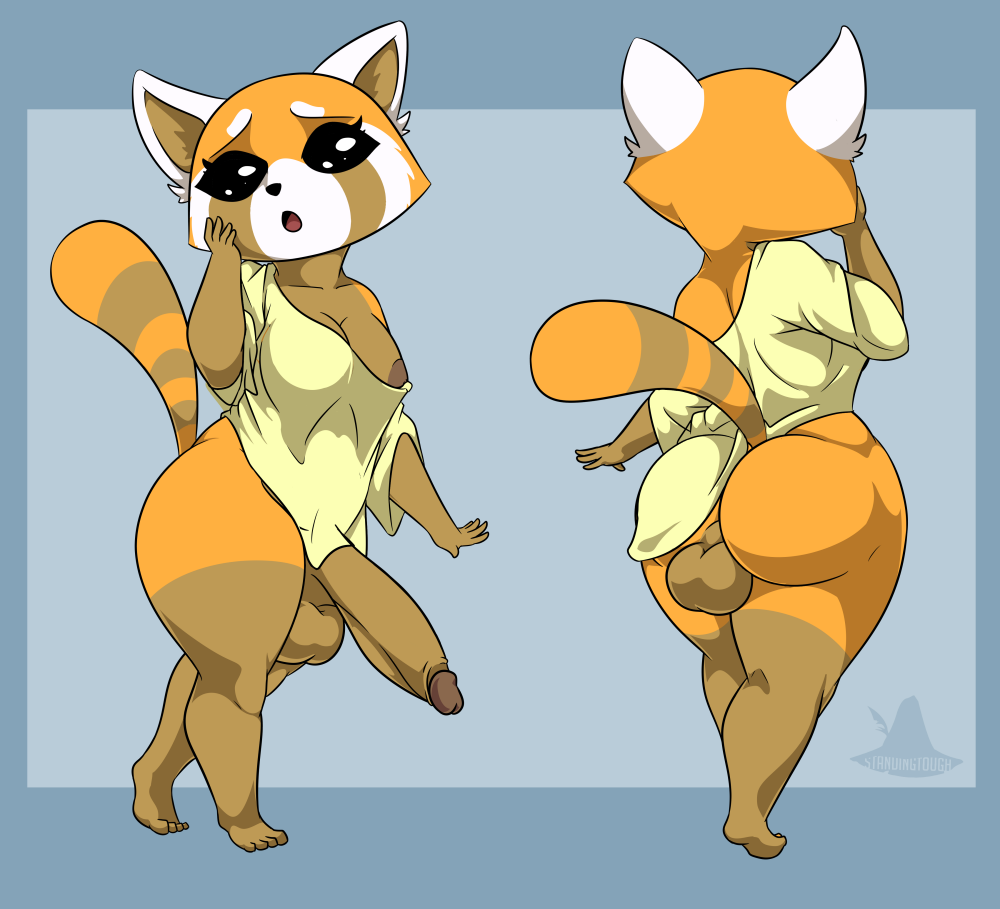 aggressive_retsuko ailurid anthro balls big_breasts big_butt bottomless breasts butt clothed clothing genitals gynomorph huge_butt intersex looking_at_viewer mammal nipples red_panda retsuko sanrio shirt shocked simple_background solo standing standing_tough thick_thighs topwear wide_hips