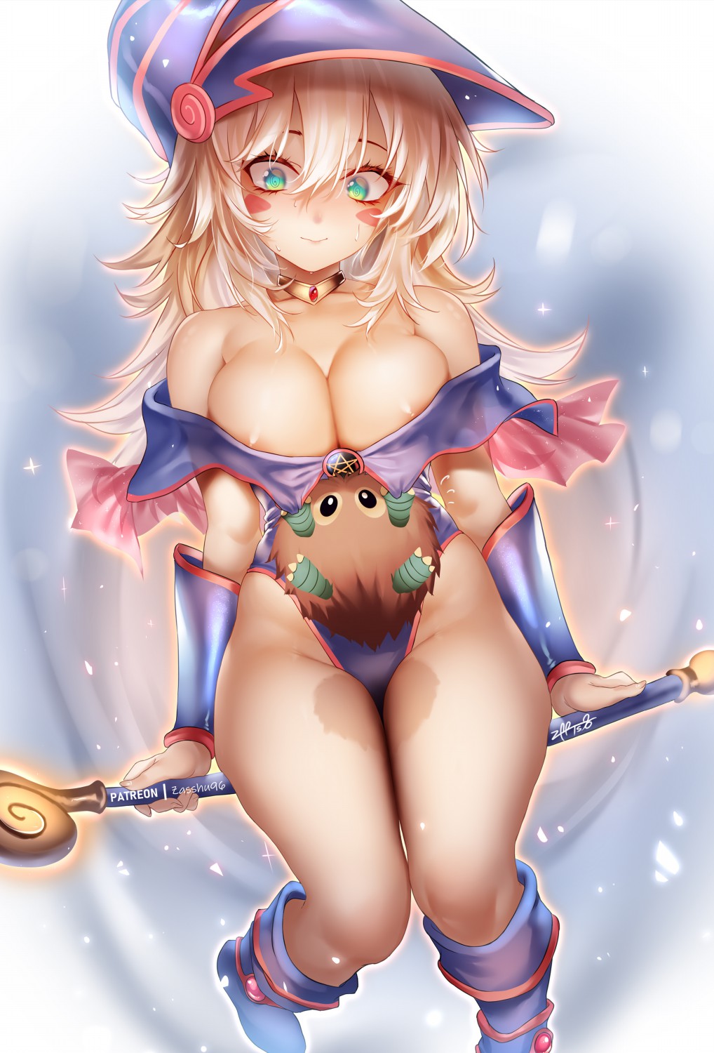 1girl @_@ areola_slip areolae bangs bare_shoulders blonde_hair blue_footwear blue_leotard blush_stickers boots breasts choker closed_mouth collarbone dark_magician_girl duel_monster flying flying_sweatdrops green_eyes hair_between_eyes hat highleg highleg_leotard highres jewelry kuriboh large_breasts leotard leotard_pull long_hair looking_down necklace off-shoulder_leotard pentacle sitting solo staff sweat thighs wand wizard_hat yu-gi-oh! yu-gi-oh!_duel_monsters zasshu