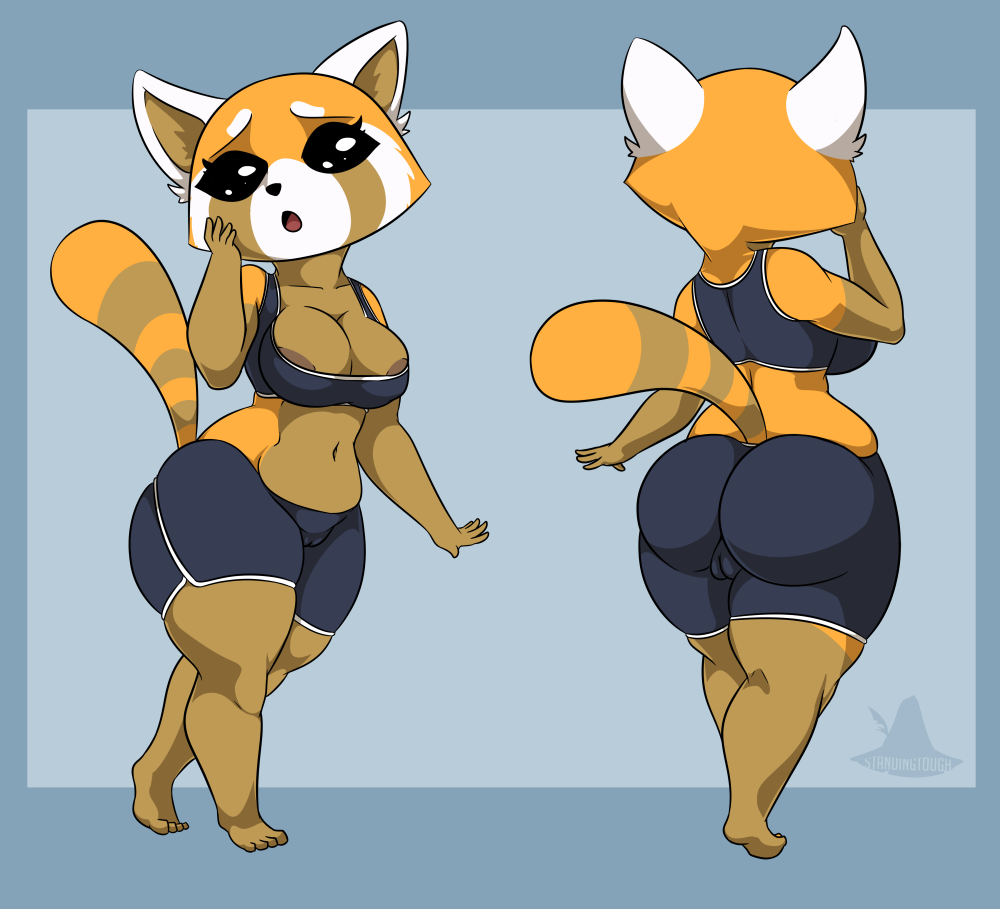 aggressive_retsuko ailurid anthro areola areola_slip big_breasts big_butt breasts butt camel_toe female genitals huge_butt looking_at_viewer mammal nipple_slip nipples red_panda retsuko sanrio shocked simple_background solo standing standing_tough sweat_pants thick_thighs wide_hips