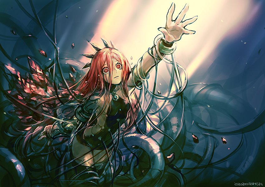 1girl bare_shoulders blood blood_on_face blueuroko bracelet commentary crown empty_eyes gem granblue_fantasy hair_between_eyes jewelry leotard light long_hair outstretched_arm outstretched_hand parted_lips reaching red_eyes red_hair solo wide-eyed wire yatima