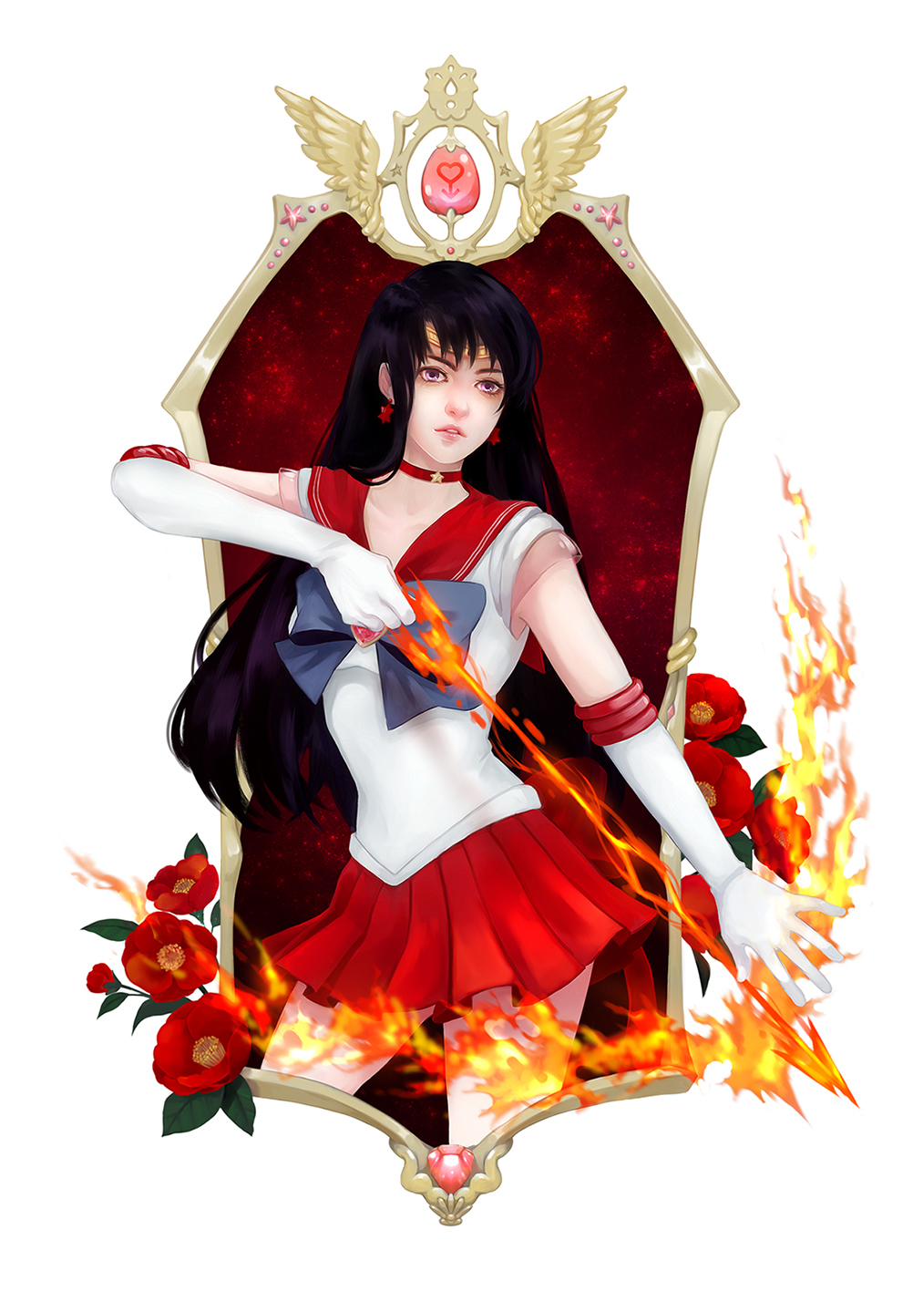 arrow_(projectile) bishoujo_senshi_sailor_moon bow bow_(weapon) choker earrings elbow_gloves fire flower framed gem gloves heart highres hino_rei inner_senshi jewelry long_hair magical_girl purple_hair red_eyes red_sailor_collar sailor_collar sailor_mars sailor_senshi sailor_senshi_uniform super_sailor_mars tiara wasenski weapon