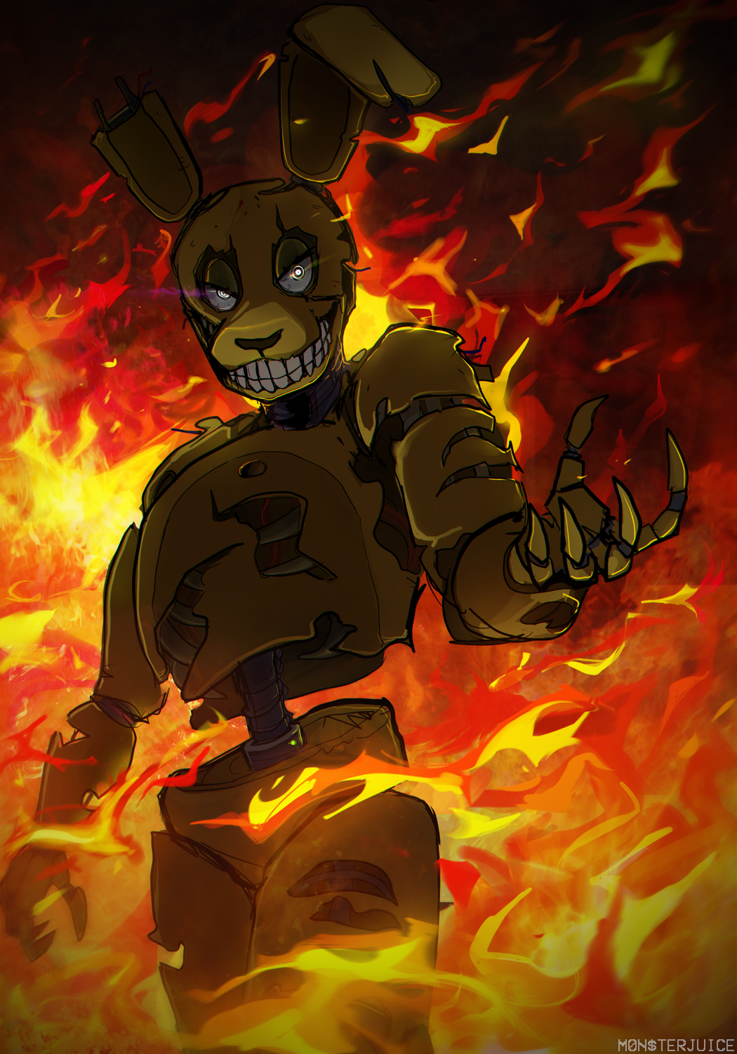2021 animatronic anthro brown_nose claws dilated_pupils endoskeleton exposed_endoskeleton fire five_nights_at_freddy's five_nights_at_freddy's_3 glowing glowing_eyes half-closed_eyes hi_res lagomorph leporid long_ears looking_at_viewer machine male mammal metal metallic metallic_body multicolored_body multicolored_ears narrowed_eyes notched_ear portrait pose rabbit robot rosemary-the-skunk sharp_claws smile solo springtrap_(fnaf) standing teeth thick_thighs torn_body two_tone_body two_tone_ears video_games white_eyes wire yellow_body