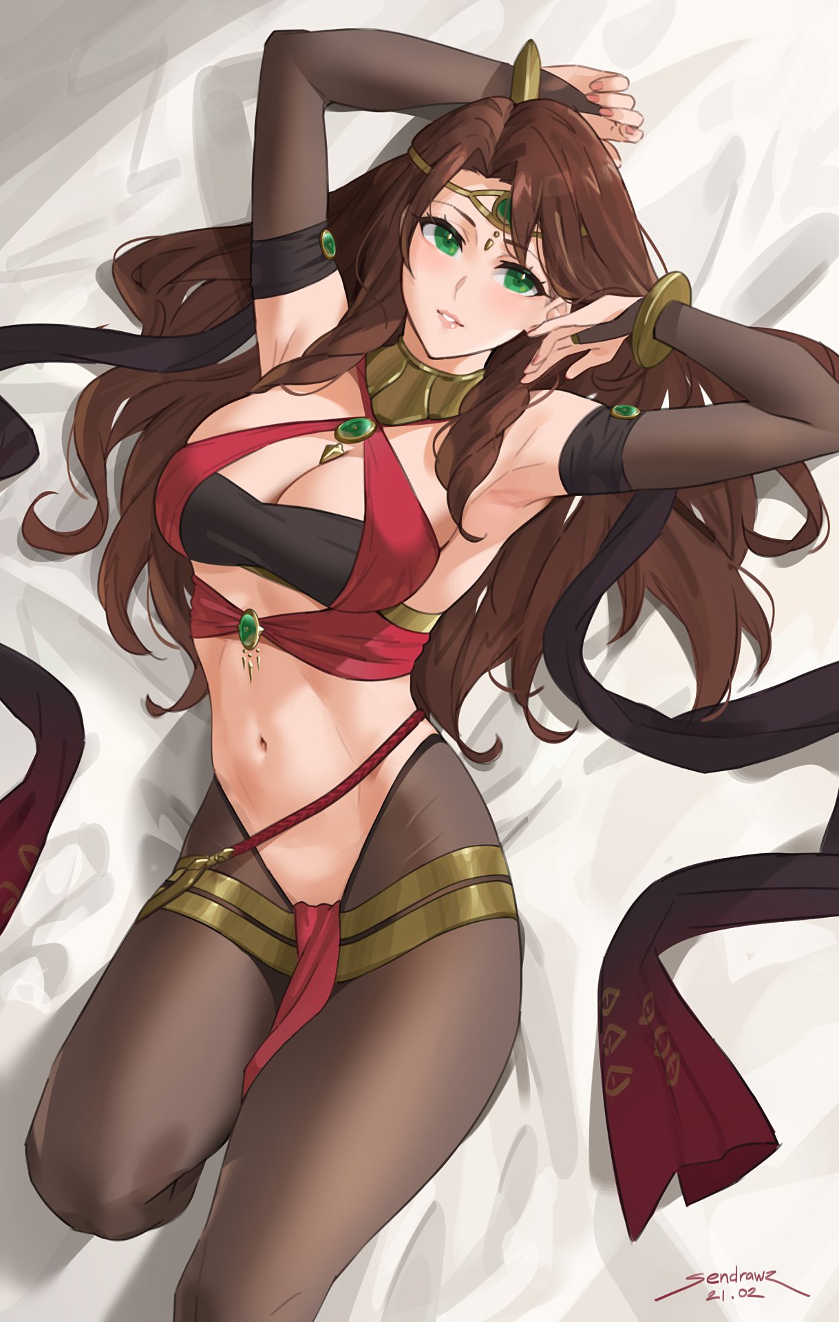 1girl armpits arms_up bangs bare_shoulders black_legwear blush bracelet breasts bridal_gauntlets brown_hair circlet cleavage commentary criss-cross_halter detached_sleeves dorothea_arnault fire_emblem fire_emblem:_three_houses fire_emblem_heroes green_eyes halterneck highres jewelry large_breasts long_hair looking_at_viewer lying navel neck_ring official_alternate_costume on_back pantyhose parted_lips pelvic_curtain pendant sash sendrawz thighs