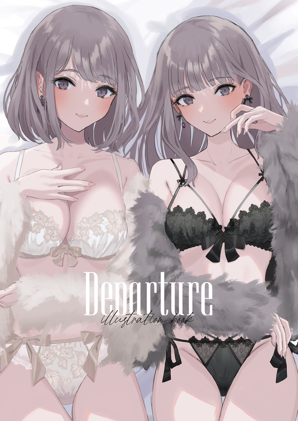 2girls bare_legs bed_sheet black_bra black_panties blush bra breasts brown_hair cleavage closed_mouth collarbone commentary cover cover_page cowboy_shot doujin_cover earrings english_text eyebrows_visible_through_hair eyelashes floral_print from_above fur_jacket hand_on_own_chest heart heart_print highres jacket jewelry lace-trimmed_bra lace-trimmed_panties lace_trim lips looking_at_viewer lying medium_breasts medium_hair multiple_girls off_shoulder on_back open_clothes open_jacket original panties purple_eyes short_hair side-tie_panties smile sutochan thigh_gap thighs underwear white_bra white_panties