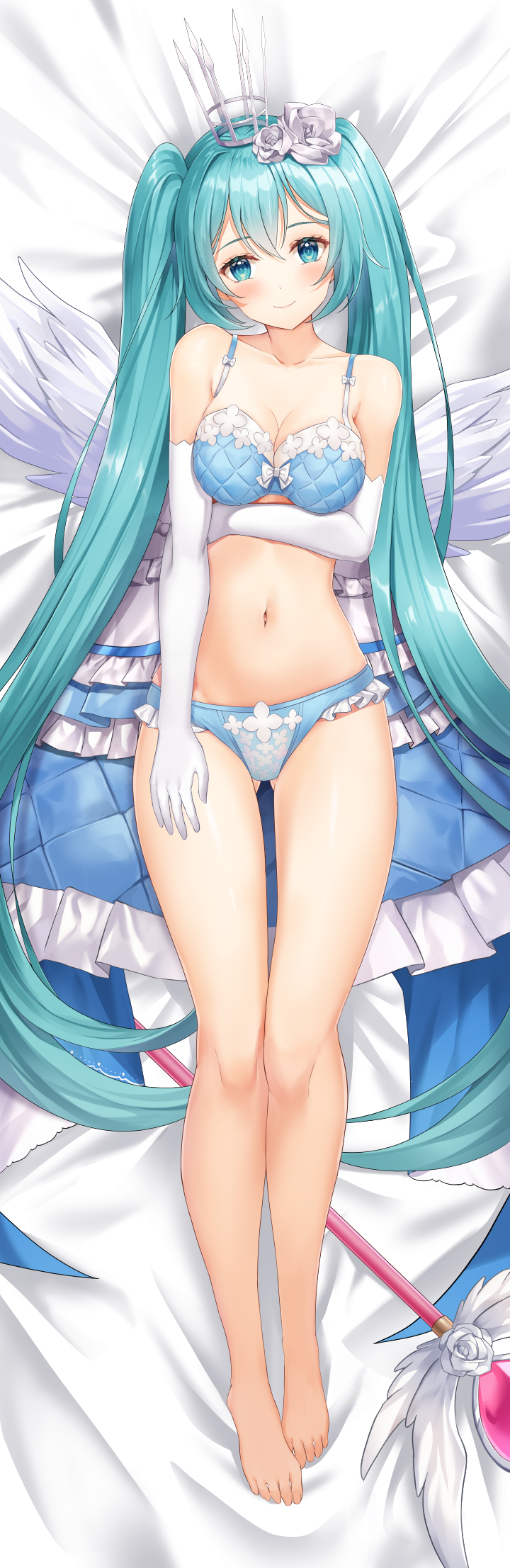 1girl ass_visible_through_thighs barefoot blue_eyes blue_hair blue_panties blush bra breast_lift breasts crown dakimakura_(medium) dress dress_removed elbow_gloves flower frilled_panties frills full_body gloves hatsune_miku highres long_hair lunacle lying medium_breasts navel on_back panties smile solo twintails underwear very_long_hair vocaloid wand white_wings wings