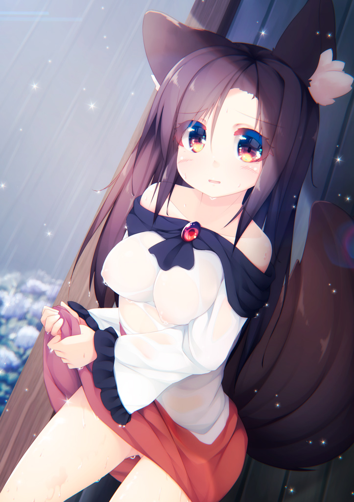 1girl animal_ear_fluff animal_ears blush breasts brooch brown_hair collarbone dress eyebrows_visible_through_hair imaizumi_kagerou jewelry large_breasts long_hair long_sleeves looking_at_viewer no_panties off-shoulder_dress off_shoulder open_mouth outdoors rain red_eyes see-through shirt solo tail torii_(kedamatori) touhou water wet wet_clothes wet_dress wet_hair wet_shirt white_dress wolf_ears wolf_tail