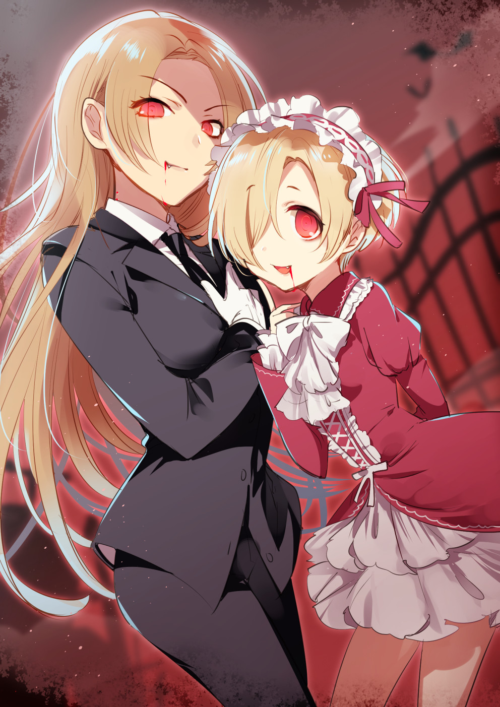 2girls bat blonde_hair blood blood_from_mouth collared_shirt dress fang formal frilled_dress frills glowing glowing_eyes hair_over_one_eye headdress highres idolmaster idolmaster_cinderella_girls jacket lolita_fashion long_hair long_sleeves looking_at_viewer matsunaga_ryou multiple_girls necktie night open_mouth outdoors pants red_eyes shirasaka_koume shirt short_hair suit tyuraba vampire