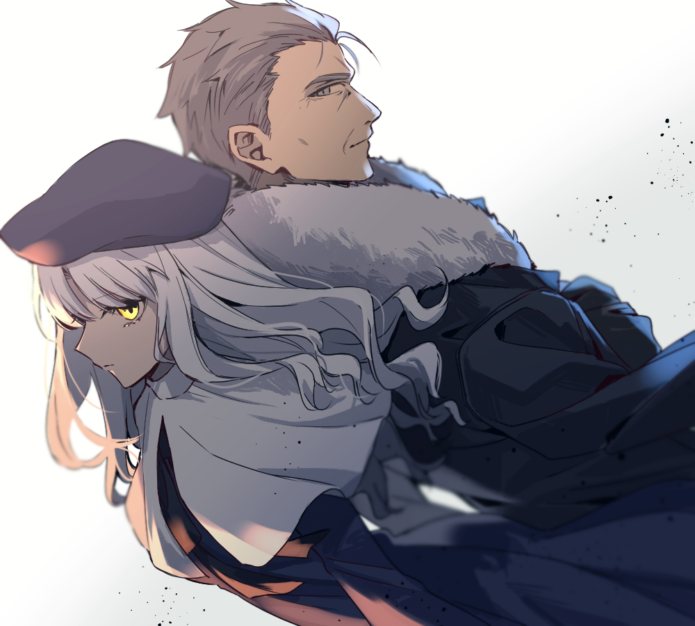0wsaa0 1girl back-to-back black_coat blue_dress capelet caren_hortensia coat dress dutch_angle fate/hollow_ataraxia fate_(series) floating_hair from_side grey_eyes long_dress long_hair long_sleeves nrvnqsr_chaos nun profile silver_hair simple_background tsukihime white_background white_capelet yellow_eyes