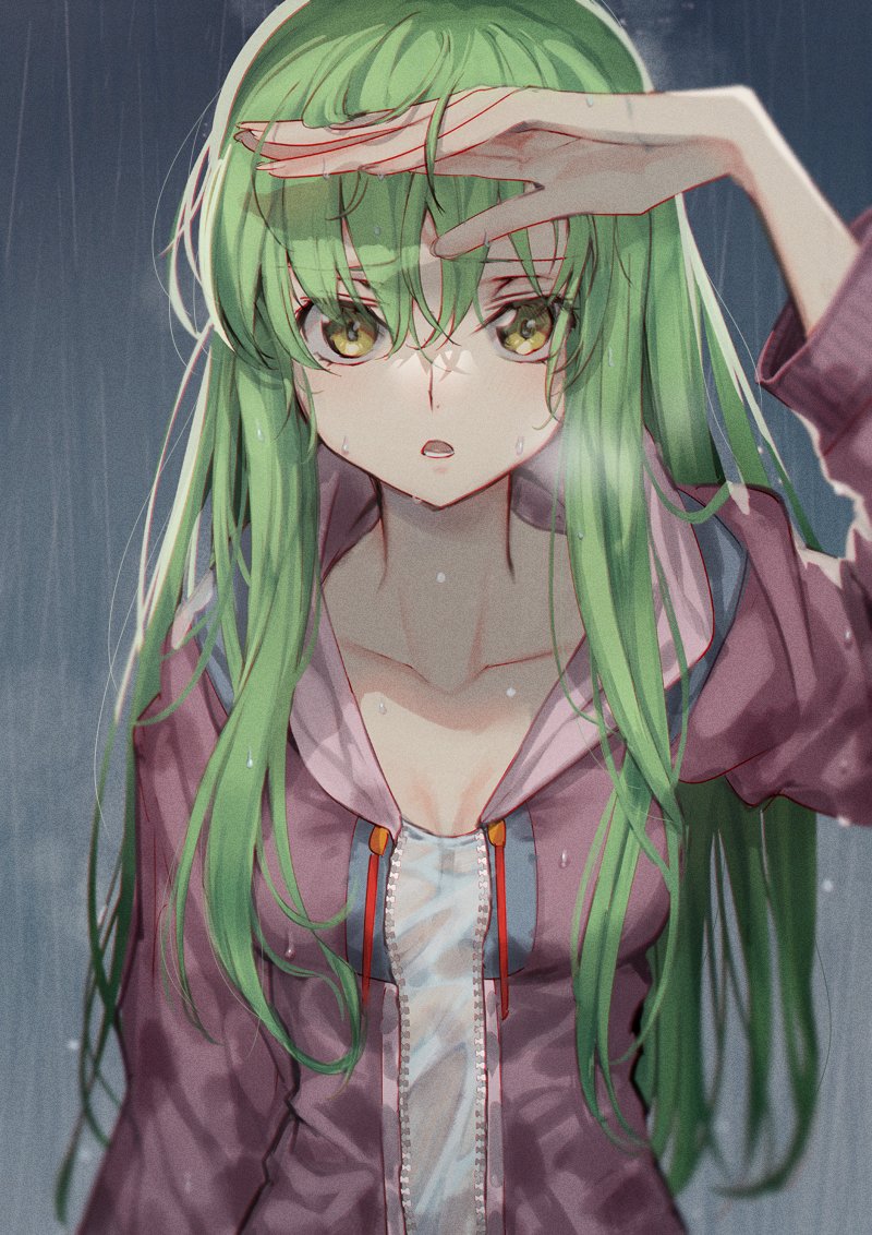 1girl breasts c.c. cleavage code_geass collarbone creayus eyebrows_visible_through_hair green_hair hair_between_eyes jacket long_hair long_sleeves looking_at_viewer medium_breasts open_mouth purple_jacket rain solo wet wet_hair yellow_eyes