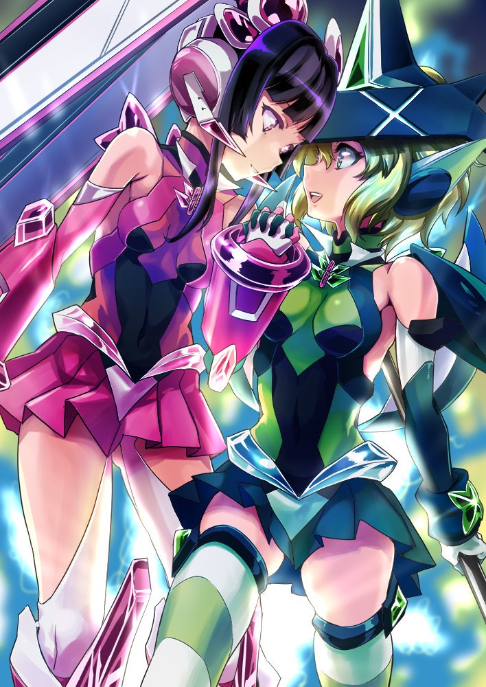 1000 2girls :d akatsuki_kirika armored_boots bangs black_hair blunt_bangs boots breasts breasts_apart covered_navel detached_sleeves eye_contact garter_straps gloves green_eyes green_hair green_skirt grin hair_intakes headphones headset holding holding_hands holding_weapon interlocked_fingers long_hair long_sleeves looking_at_another miniskirt multiple_girls open_mouth pink_eyes pink_skirt pink_sleeves pleated_skirt senki_zesshou_symphogear shiny shiny_hair short_hair skirt small_breasts smile standing striped striped_legwear thighhighs tsukuyomi_shirabe weapon white_gloves