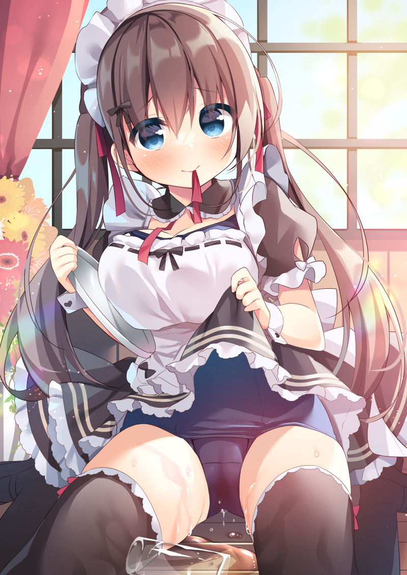 1girl apron bangs black_dress black_footwear black_legwear blue_swimsuit blush breasts brown_hair cleavage closed_mouth commentary cup dress dress_lift drinking_glass eyebrows_visible_through_hair flower hair_between_eyes hanamiya_natsuka large_breasts lifted_by_self long_hair looking_at_viewer maid maid_apron maid_headdress mouth_hold old_school_swimsuit on_floor one-piece_swimsuit original puffy_short_sleeves puffy_sleeves red_flower ribbon ribbon_in_mouth school_swimsuit shoes short_sleeves sitting smile solo spill swimsuit swimsuit_under_clothes thighhighs twintails very_long_hair wariza wet white_apron wooden_floor yellow_flower