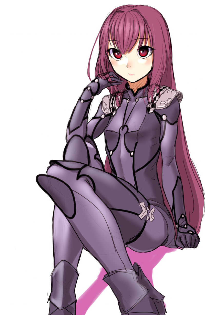 1girl alternate_breast_size armor blush bodysuit breasts closed_mouth fate/grand_order fate_(series) gishu hand_up highres long_hair looking_at_viewer purple_bodysuit red_eyes red_hair scathach_(fate) scathach_(fate)_(all) shoulder_armor simple_background sitting small_breasts solo spaulders white_background