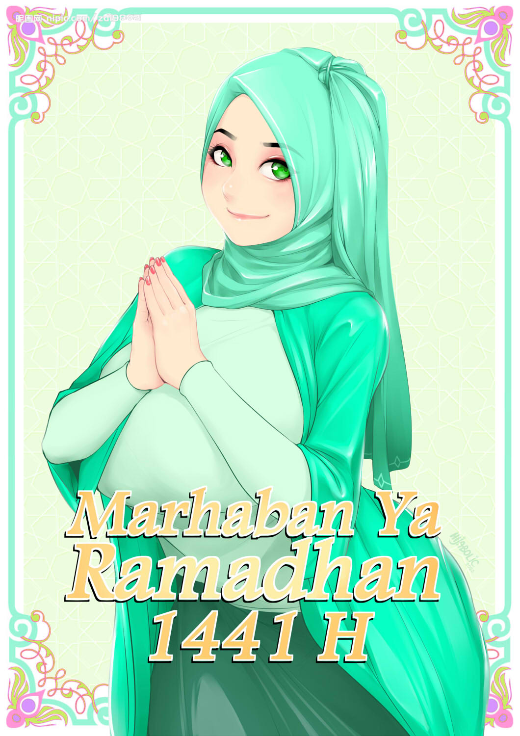 breasts dress green_dress green_eyes hands_together highres hijab large_breasts looking_at_viewer nail_polish original smile zephyr_aile
